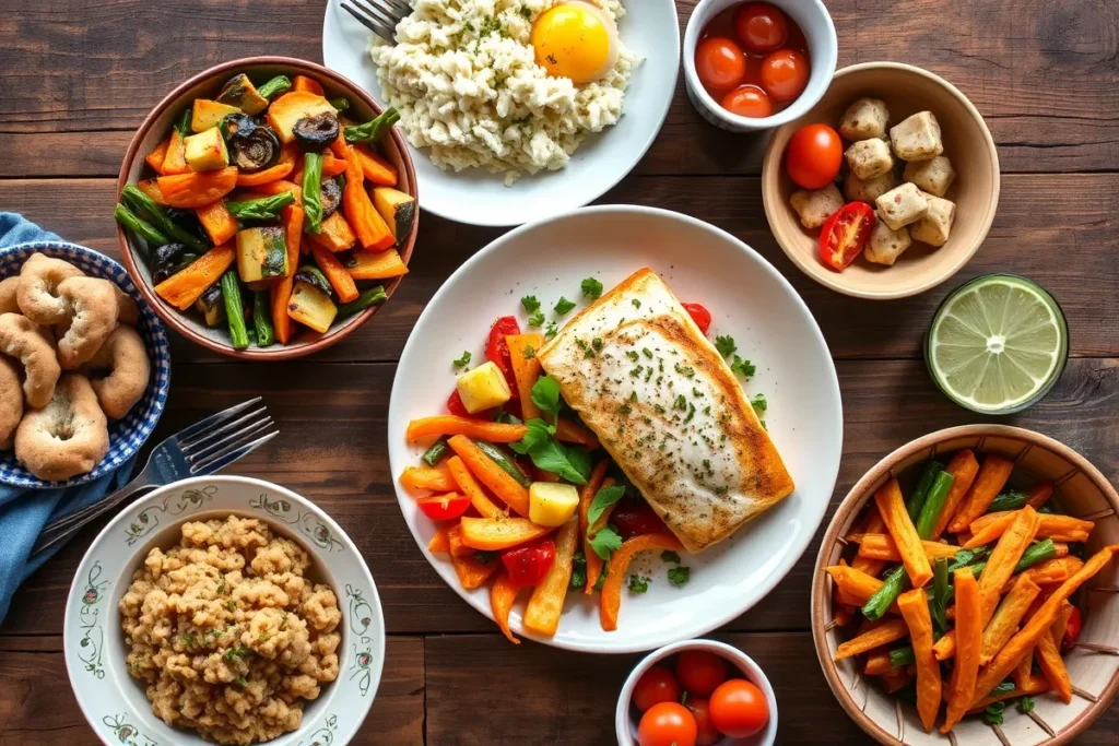 Delicious Trader Joe's fish recipe meal with colorful vegetables.