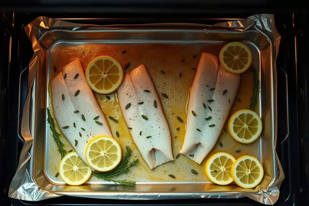 Baking Trader Joe's fish recipe with lemon and herbs.