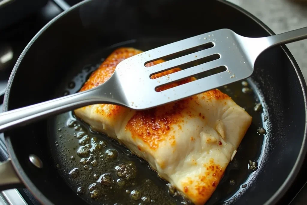 Pan-frying Trader Joe's frozen fish in a skillet.