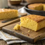 Golden cornbread slice showing moist texture.