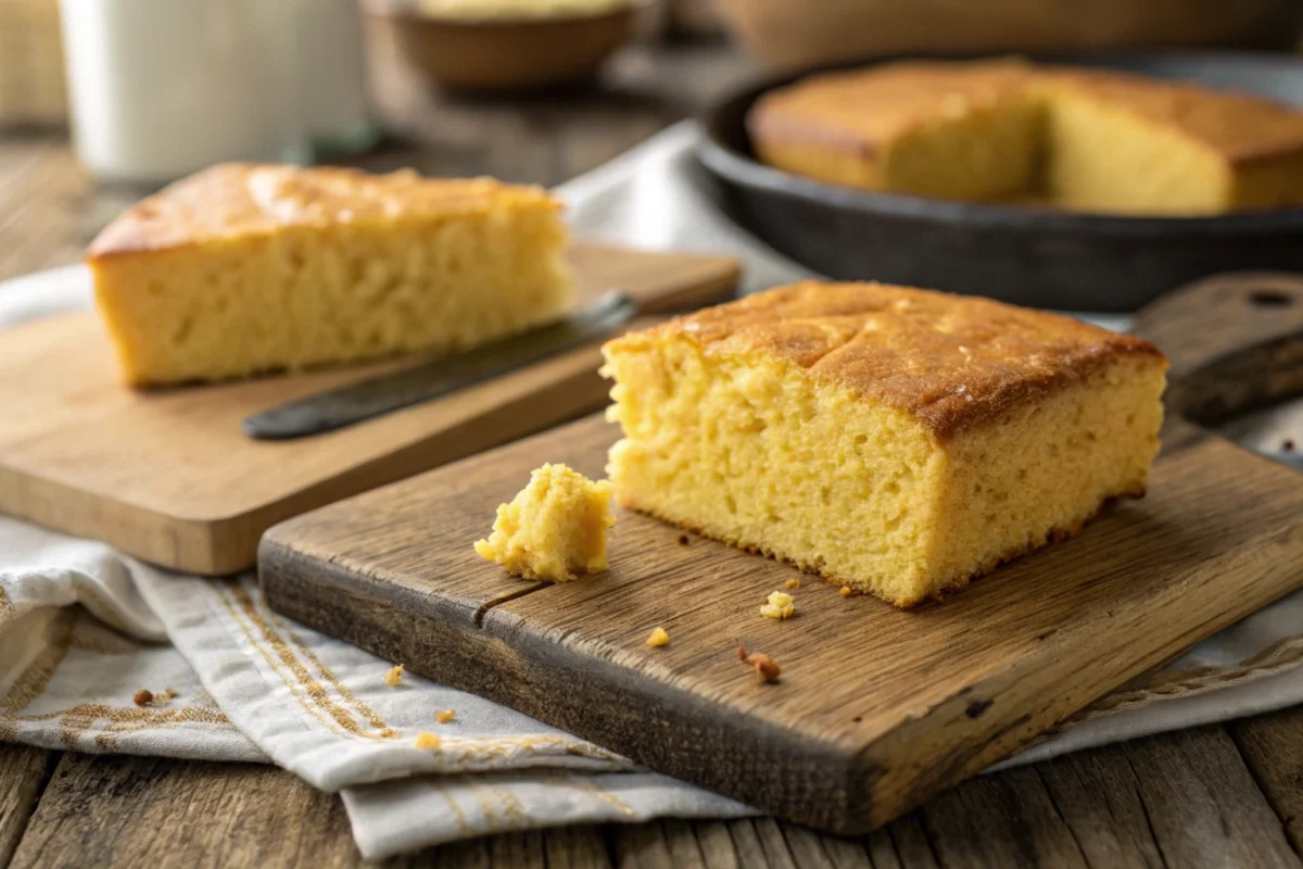 Golden cornbread slice showing moist texture.