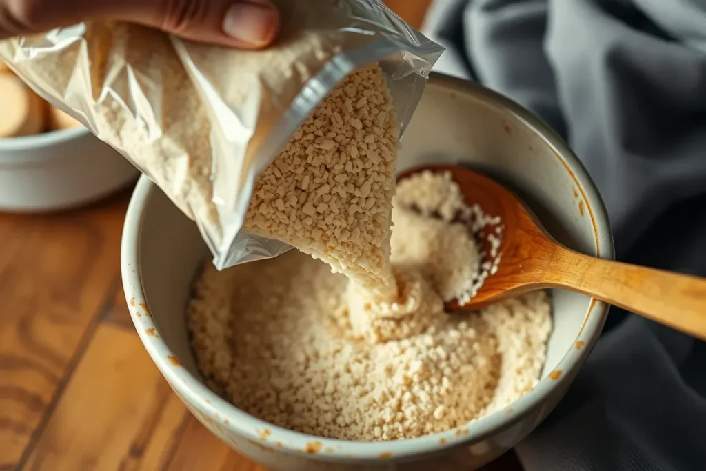 Stone-ground cornmeal being poured into a bowl for a naturally Southern cornbread recipe.