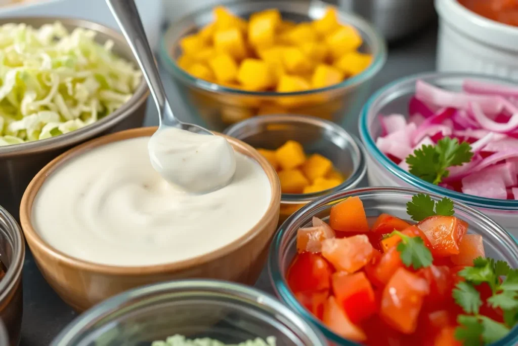  Colorful taco toppings and sauces for frozen fish tacos.