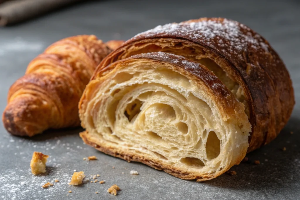 A freshly baked croissant mistake, showing a dense texture and uneven layering.