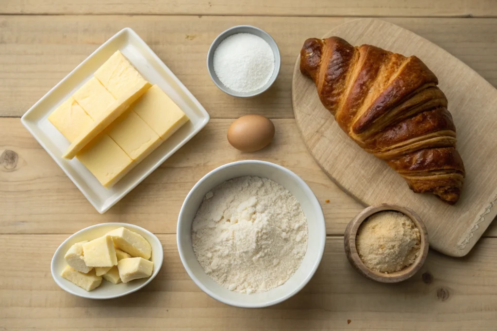 The main croissant ingredients are displayed, including flour, water, yeast, salt, and butter.