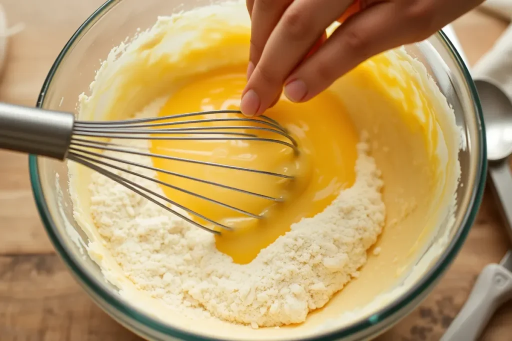 Mixing wet and dry ingredients for a naturally Southern cornbread recipe.