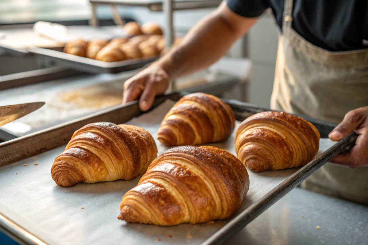 Scratch croissants are displayed freshly baked, showcasing their flaky texture.