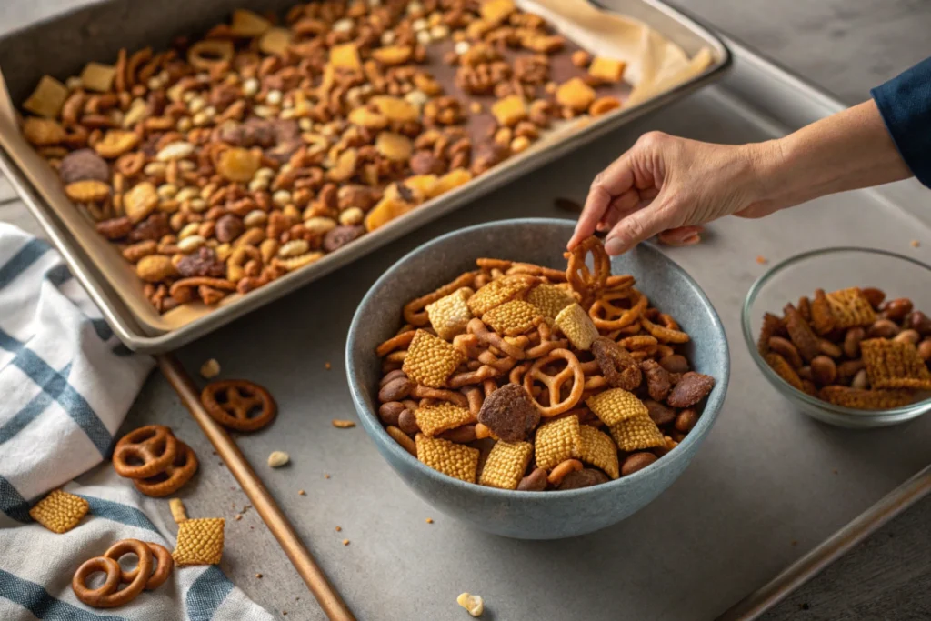 A Chex mix recipe oven batch is shown, golden and crisp, fresh from the oven.