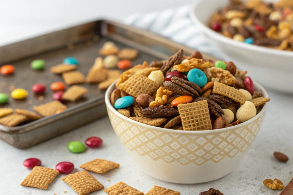 Homemade Chex Mix in a bowl.