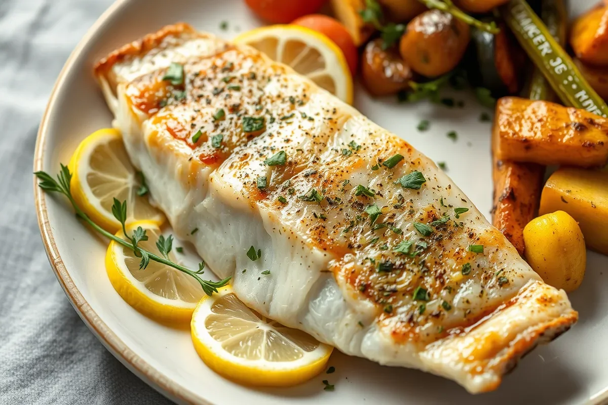 Cooked Trader Joe's Branzino Fillet with Herbs and Vegetables