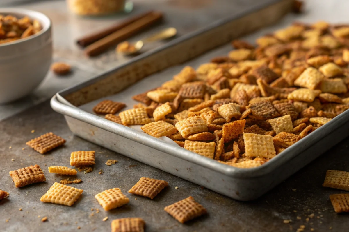 A batch of Chex Mix not soggy is displayed on a baking sheet.