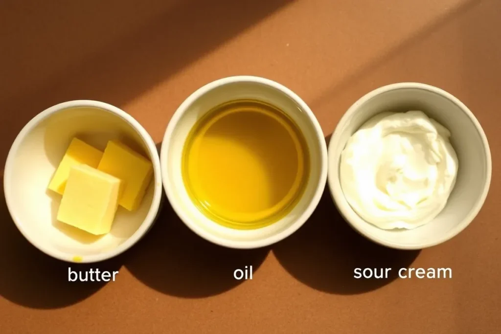 Three types of fats used in cornbread.