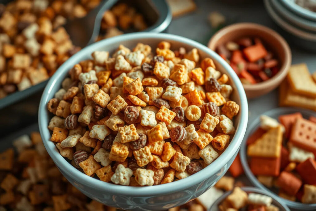 A close-up shot showing the variety of components that make Chex Mix so good.