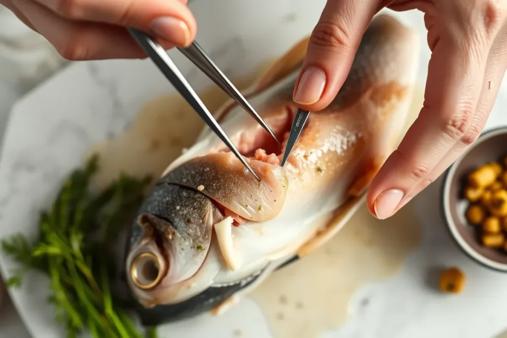 Removing Trader Joe's Branzino Bones with Tweezers