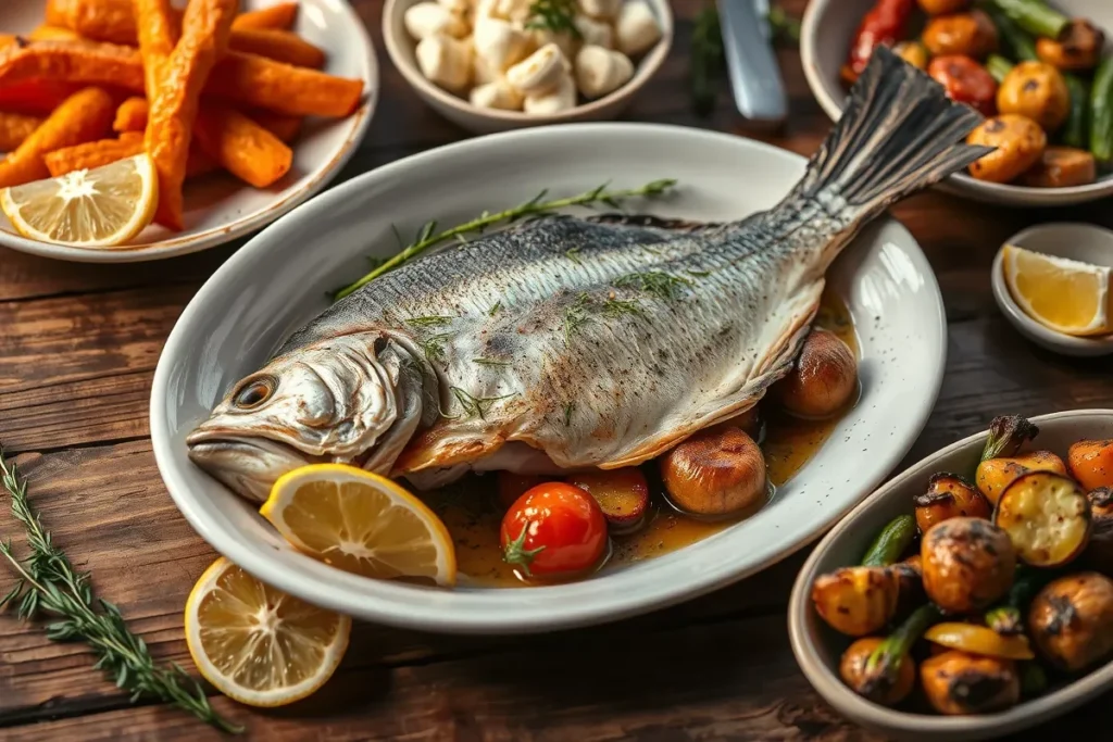 Branzino Meal with Sides and Fresh Herbs