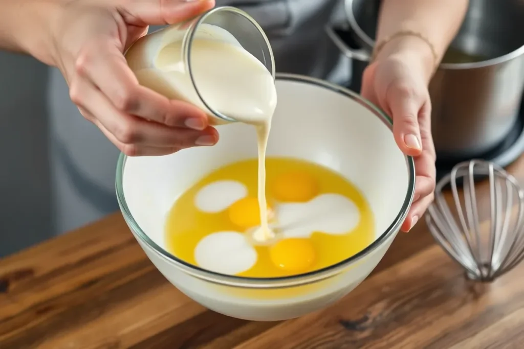 Preparing the crème brûlée custard base by combining warm cream with egg yolks.