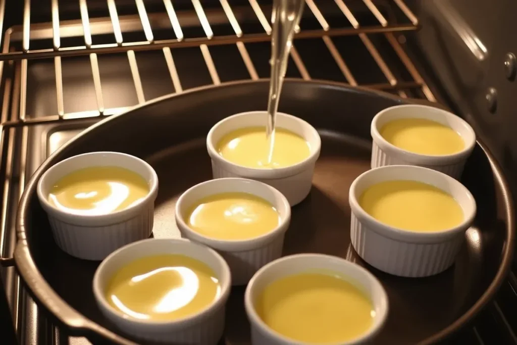 Crème brûlée custards baking in a water bath.