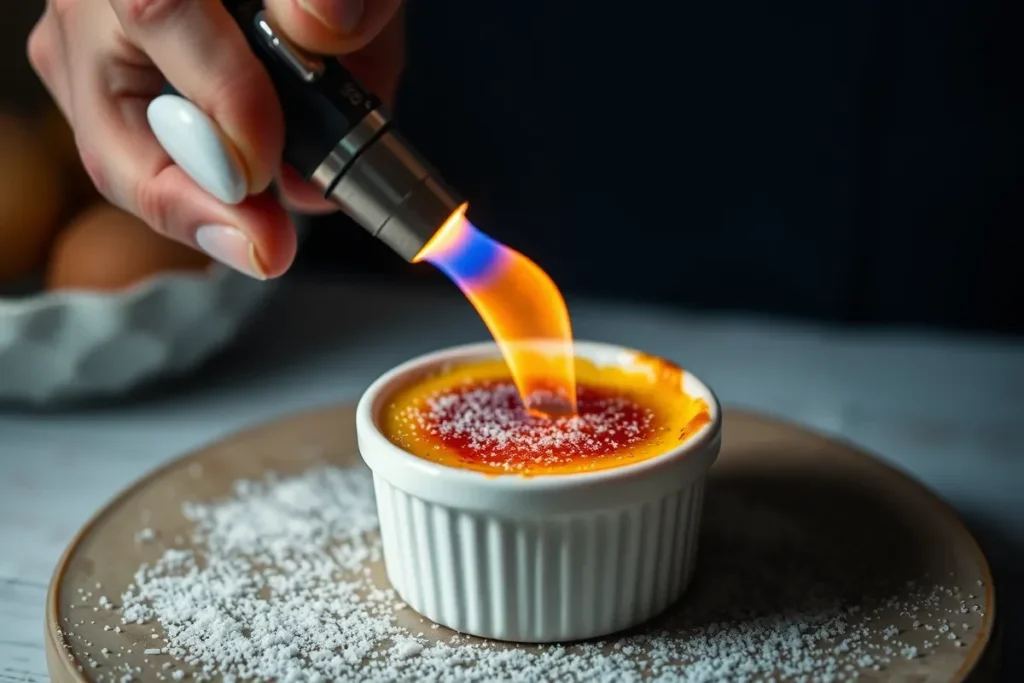 Caramelizing the sugar on crème brûlée with a kitchen torch.