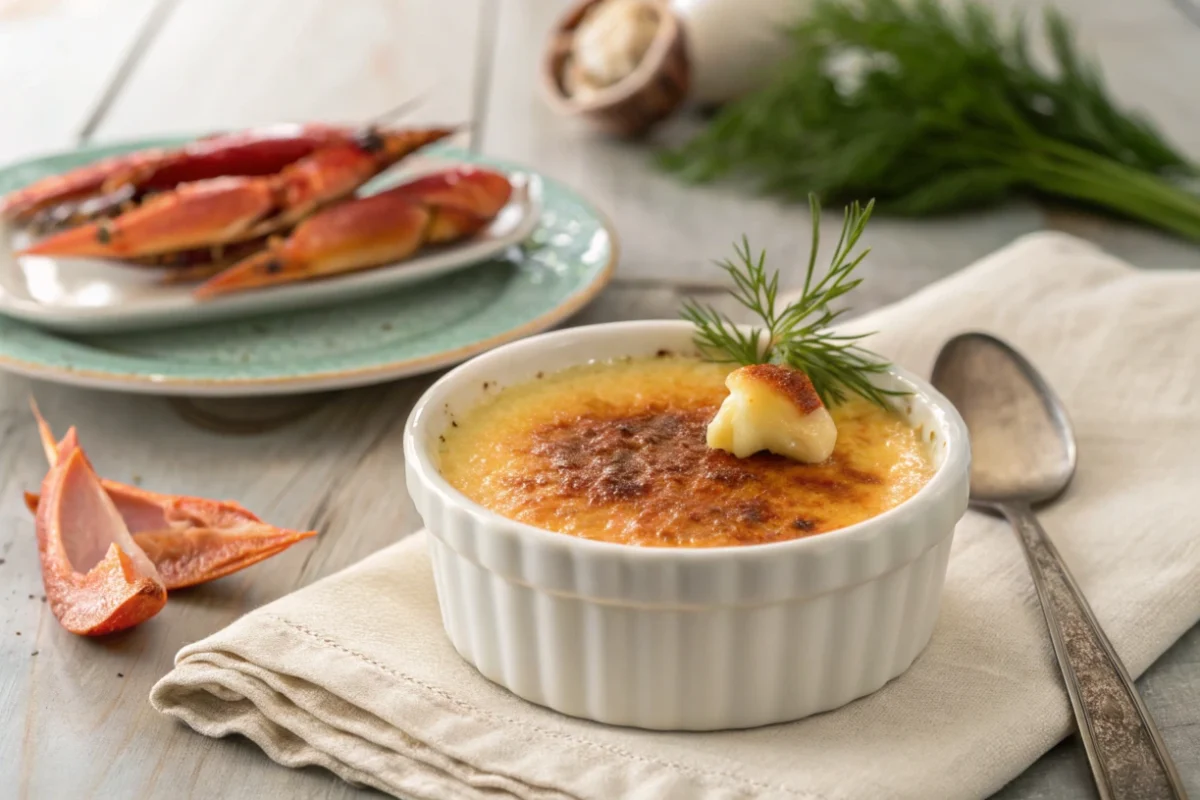 A ramekin of Crab Crème Brûlée with a caramelized sugar crust, garnished with dill and crab meat, served on a rustic wooden table.