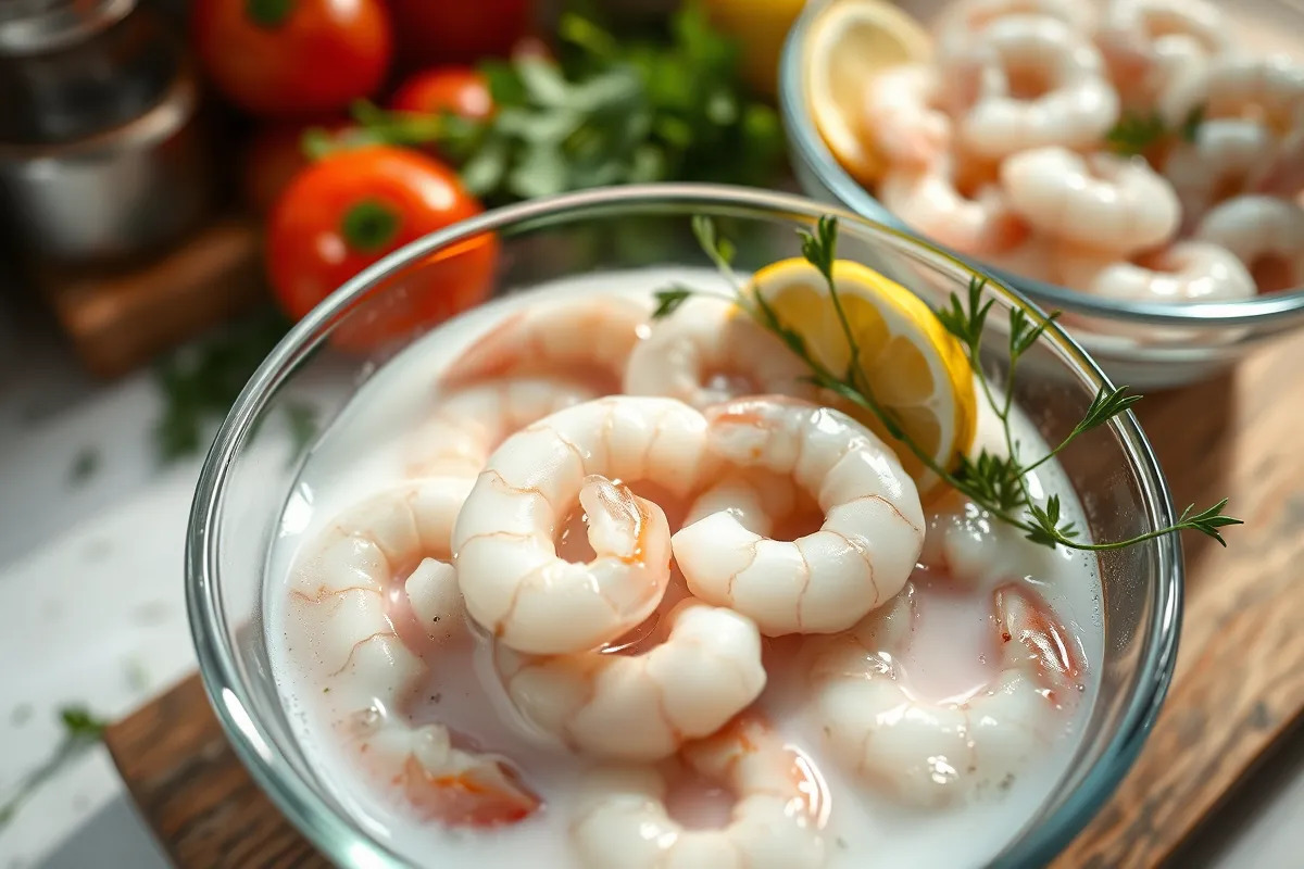 Shrimp using milk before frying in a bowl.