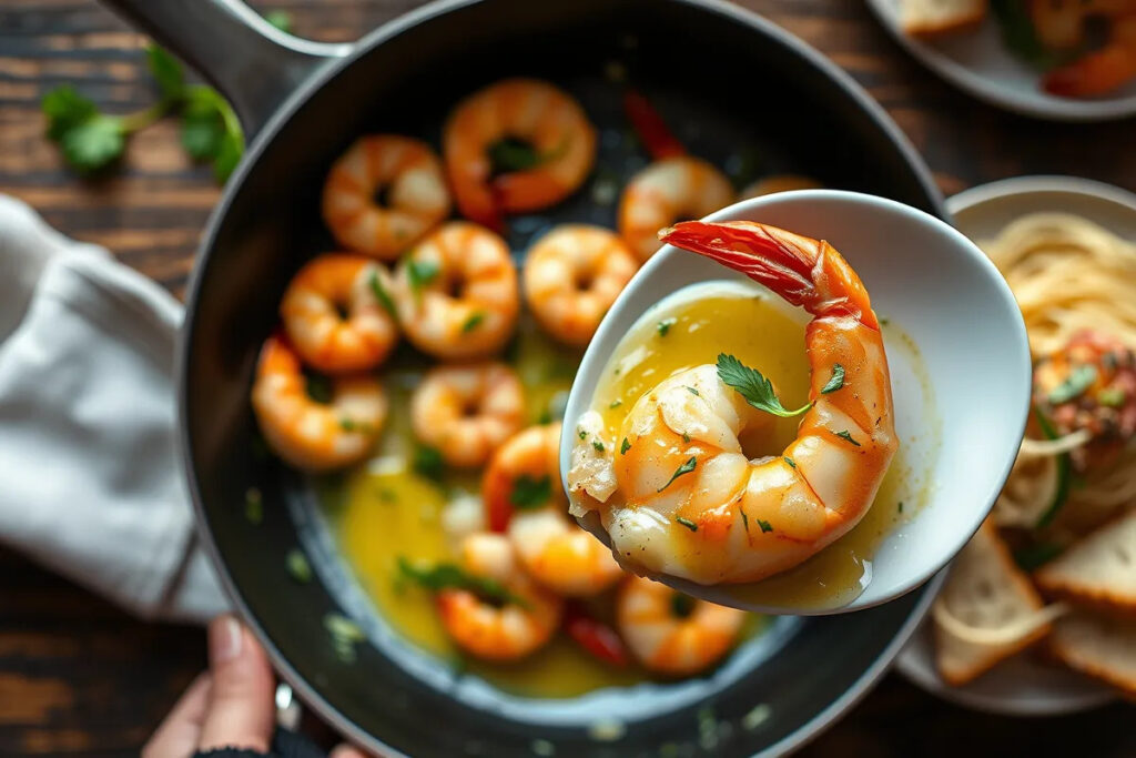 Shrimp garlic recipe served hot in a skillet.