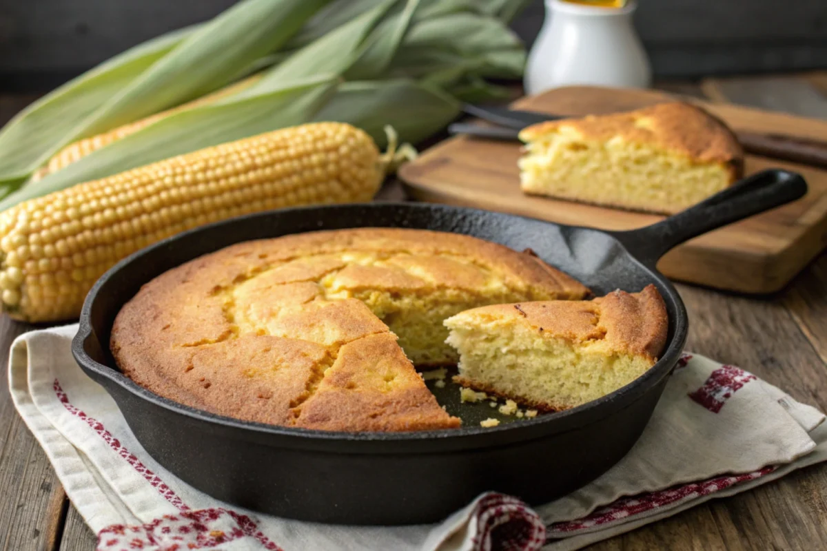 : A naturally delicious Southern cornbread in a skillet.