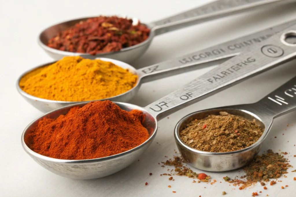 Teaspoon measurement spoons with spices on a wooden surface, highlighting teaspoon measurement.