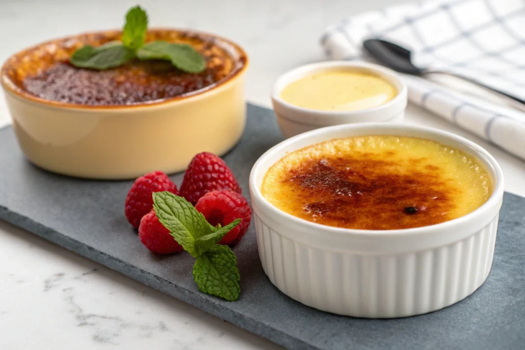 A side-by-side comparison of crème brûlée vs custard highlighting their texture and presentation.