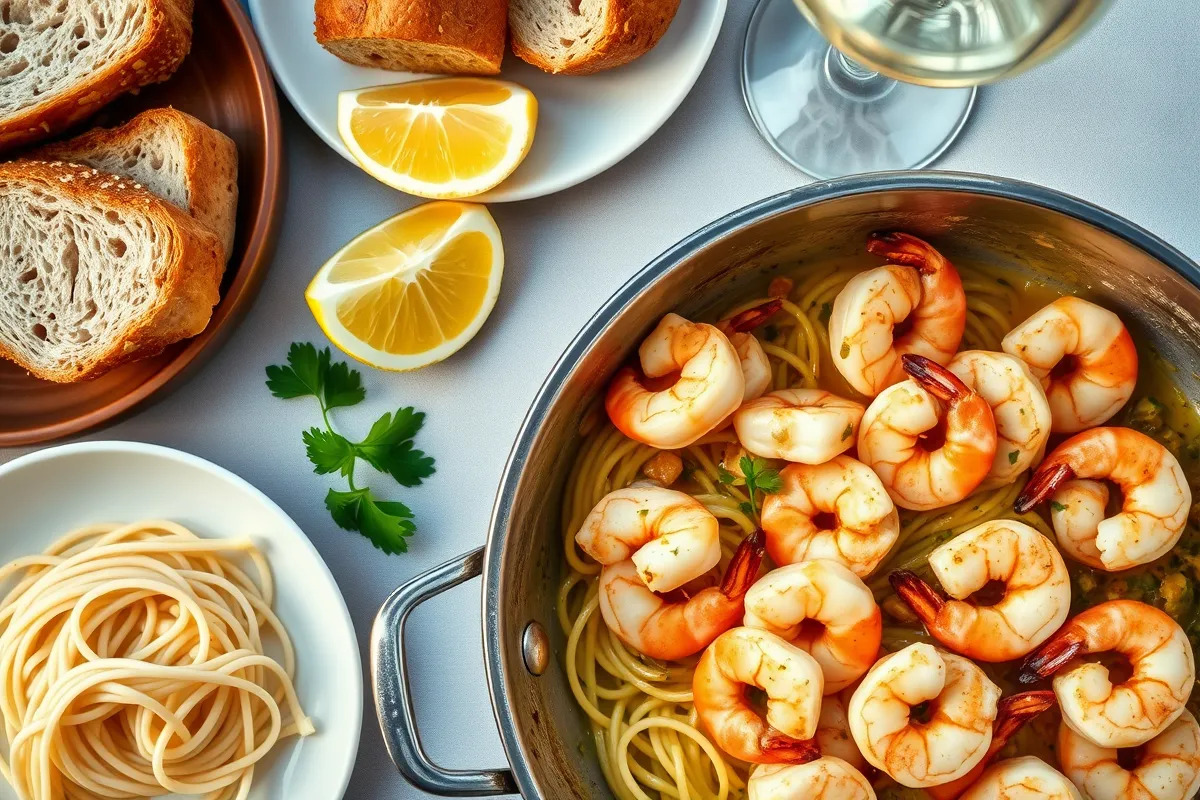 Close up of shrimp with garlic sauce served on a plate.