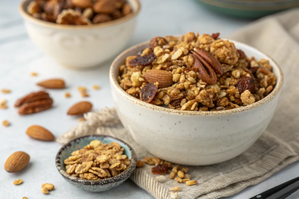 Naturally delicious vanilla nut granola served in a bowl.