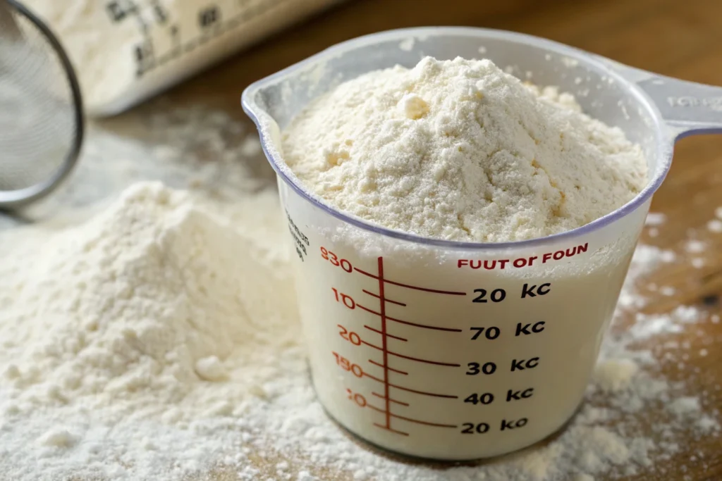 Close-up of a measuring cup filled with flour.