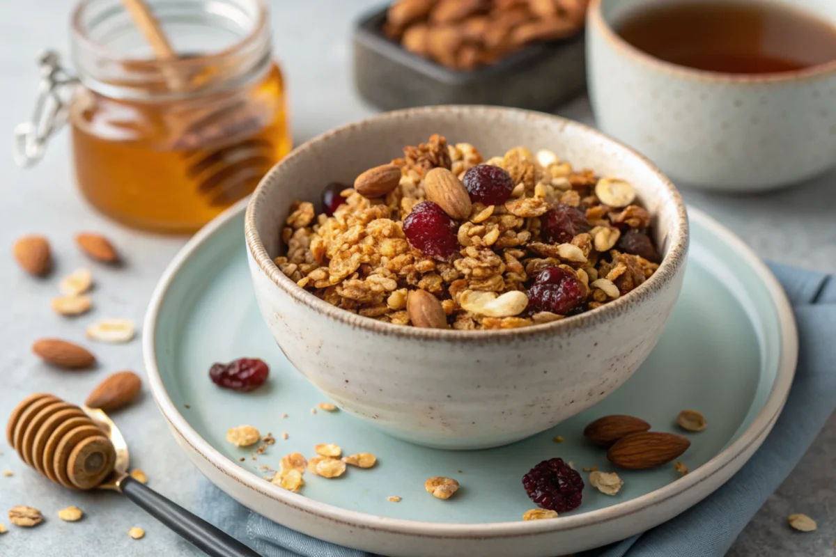 Naturally sticky granola in a bowl.