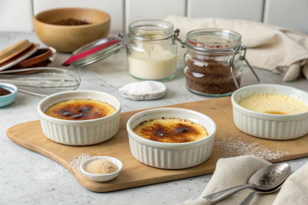 Various alternatives for ramekins being used to make crème brûlée.