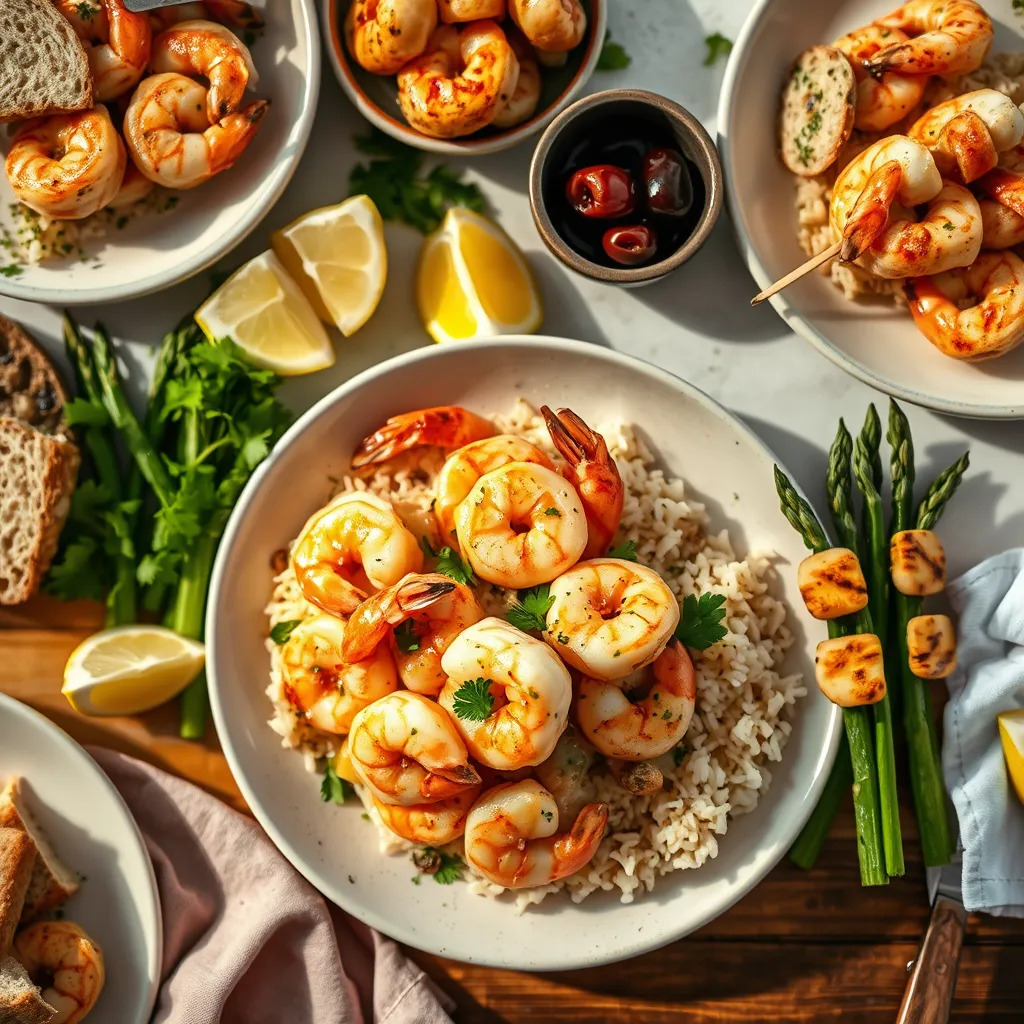 Shrimp with garlic on a plate surrounded by pasta and bread.