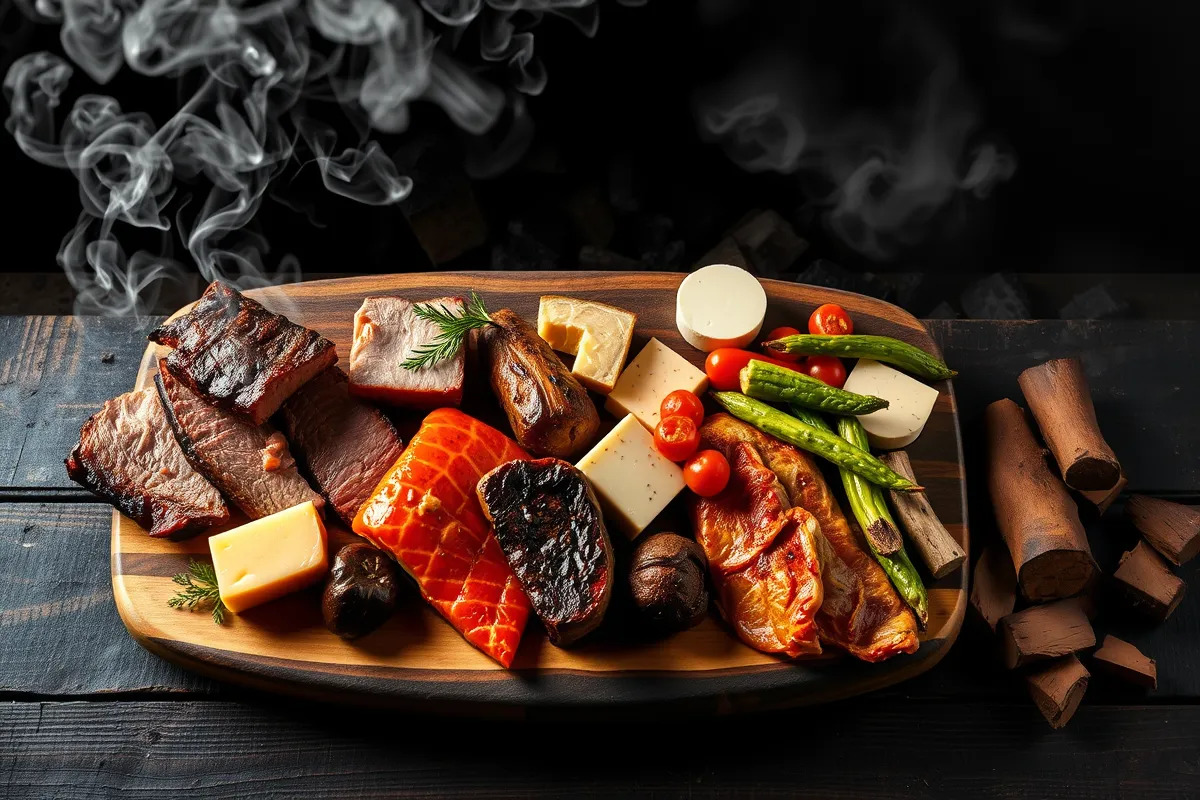 A variety of best stuff to smoke, including meat, cheese, and vegetables.