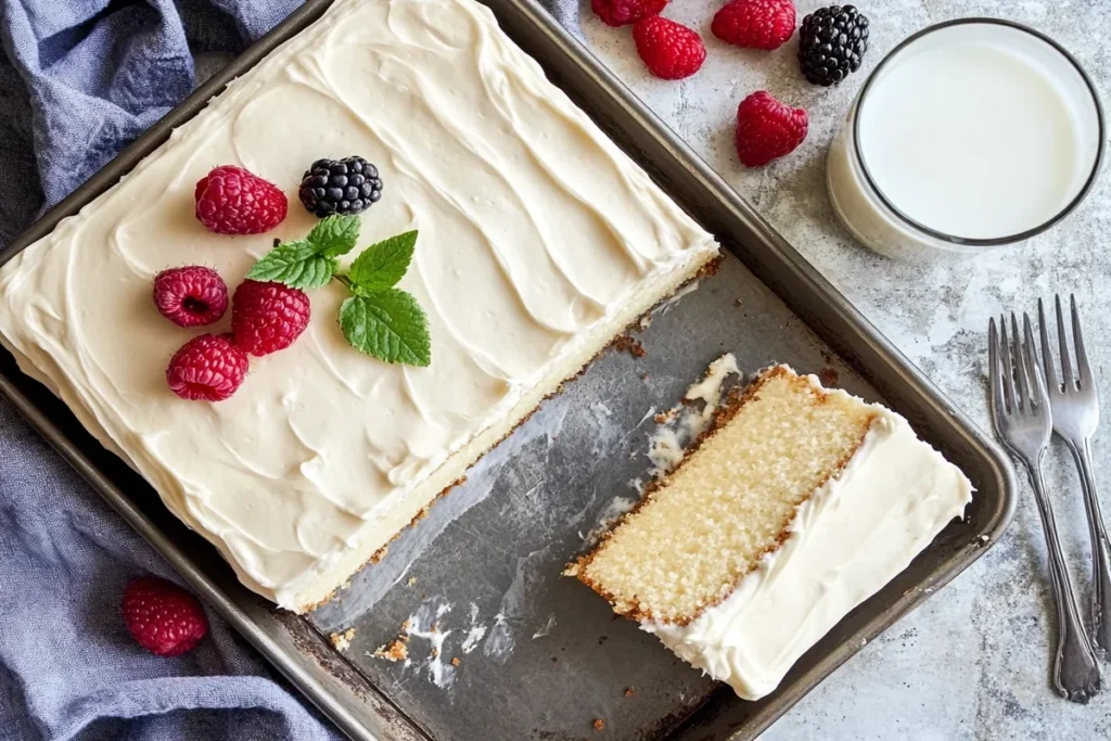 Delicious kefir sheet cake sliced and ready to serve.