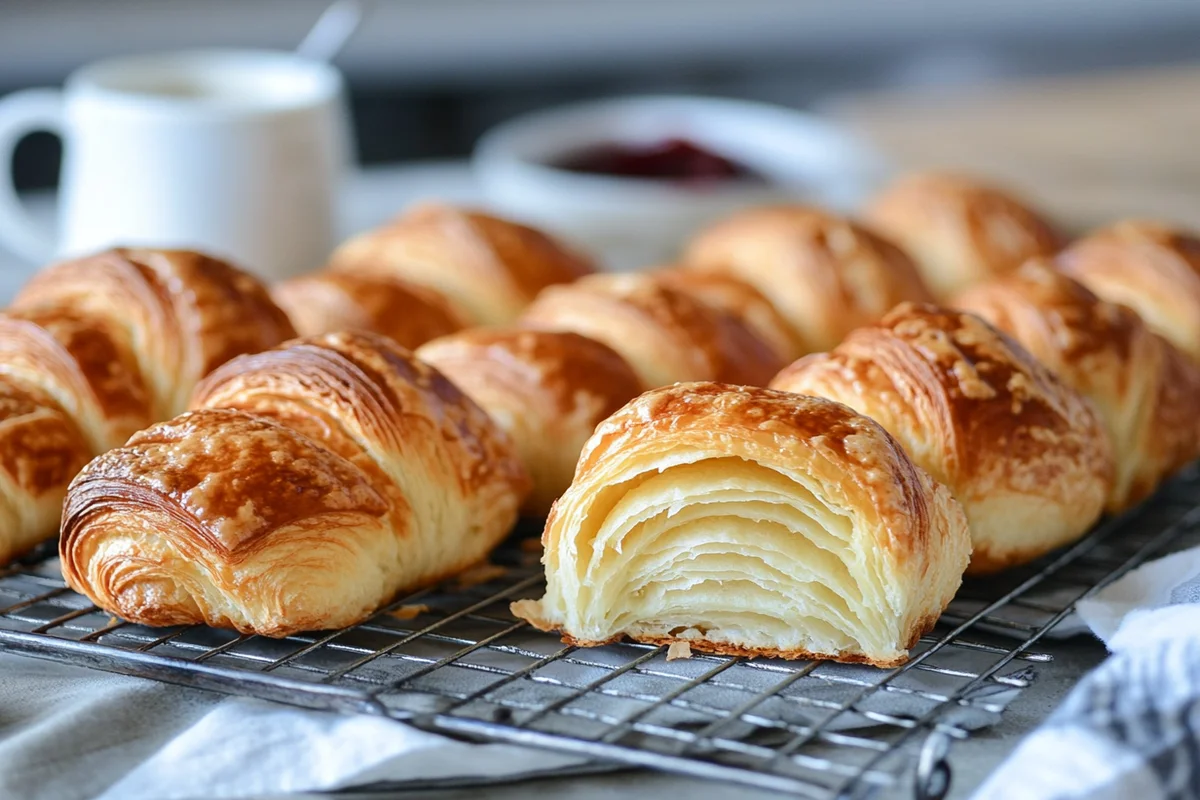 Golden-brown, flaky gipfeli (Swiss croissants) cooling on a wire rack, ready to be enjoyed for breakfast.