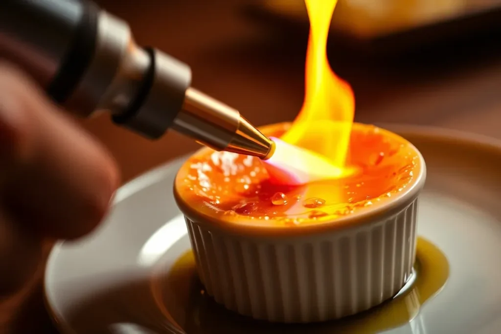 Caramelizing sugar crust on Crab Crème Brûlée with kitchen torch