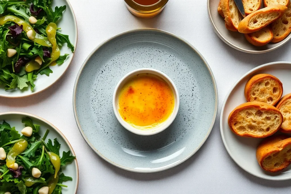 Plated Crab Crème Brûlée with side dishes.