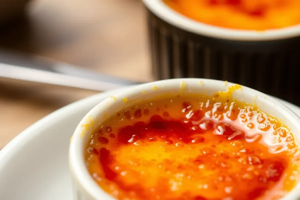 Delicious homemade crème brûlée with a crisp top.