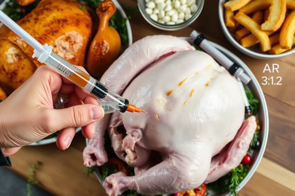 How often should I inject turkey while cooking? A turkey being injected.