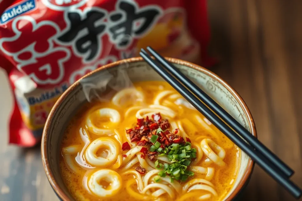 A bowl of buldak 3x spicy ramen ready to eat.