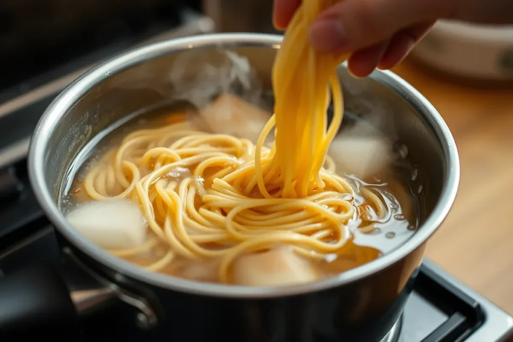 Buldak ramen noodles boiling in a pot.

