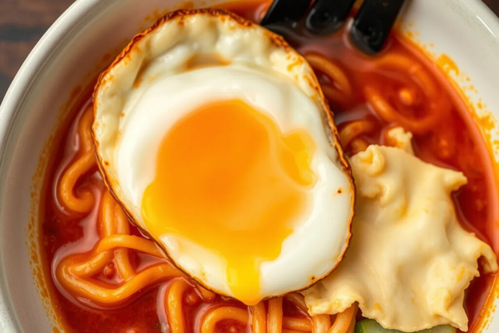 Egg added to buldak ramen, a flavorful topping