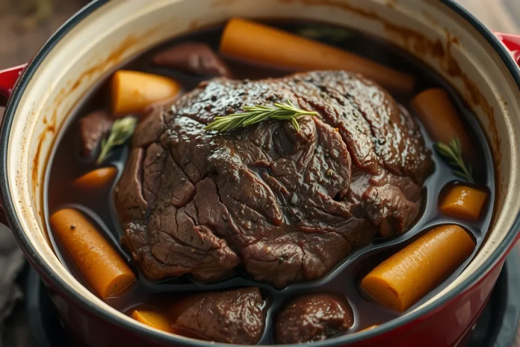 Beef round roast slow-cooking in a Dutch oven with vegetables and herbs.