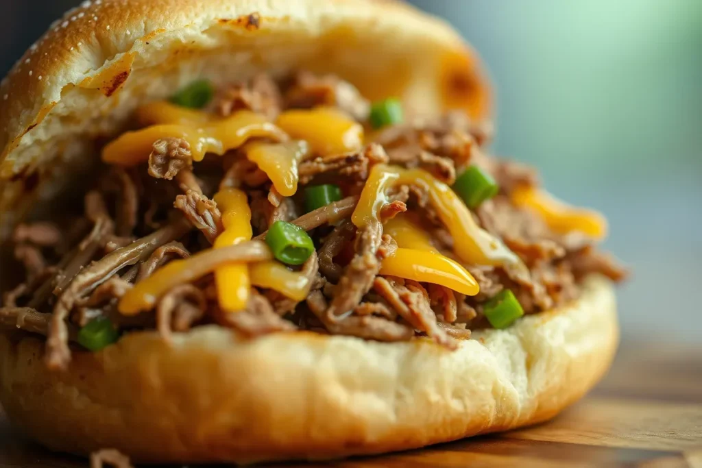 Delicious shredded beef round sandwich with melted cheese