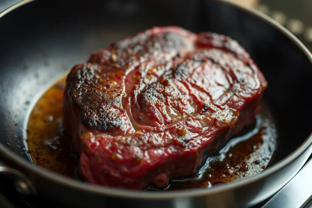 Beef round roast being seared in a hot pan.