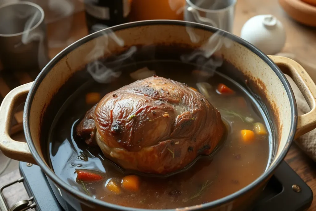 Bottom Round roast braising naturally in a dutch oven.