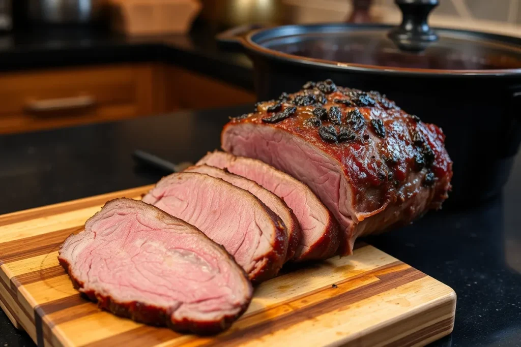 A close-up of a tender cooked bottom round roast naturally.