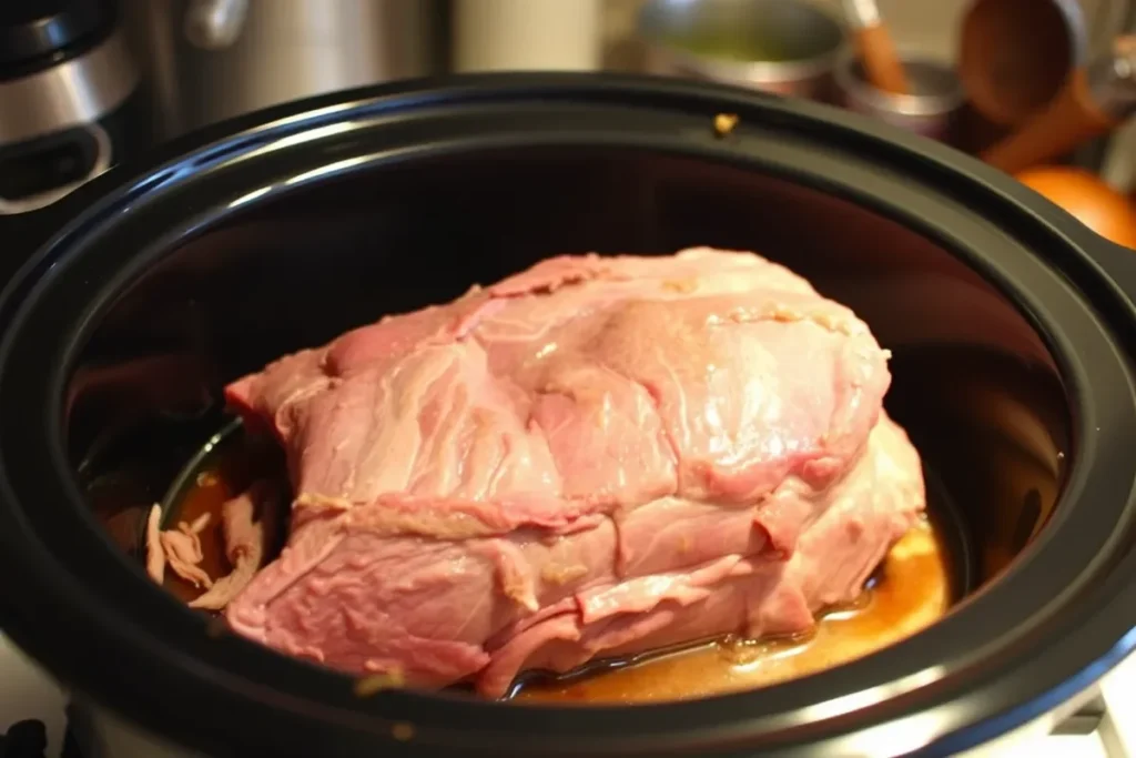 Bottom Round roast in a slow cooker, becoming tender naturally.